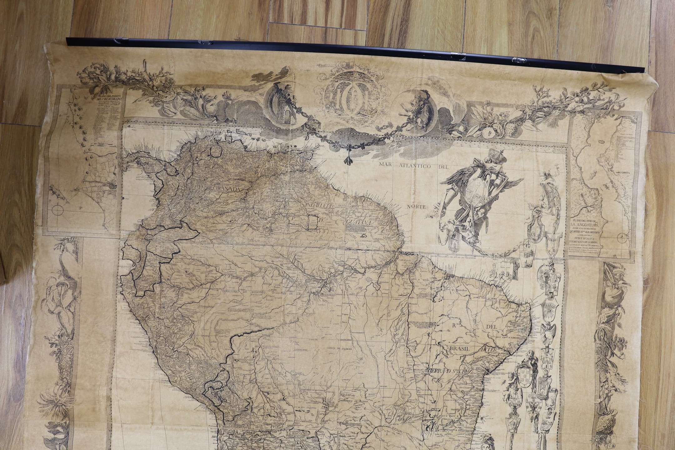 A map of South America laid on canvas, 97cm wide